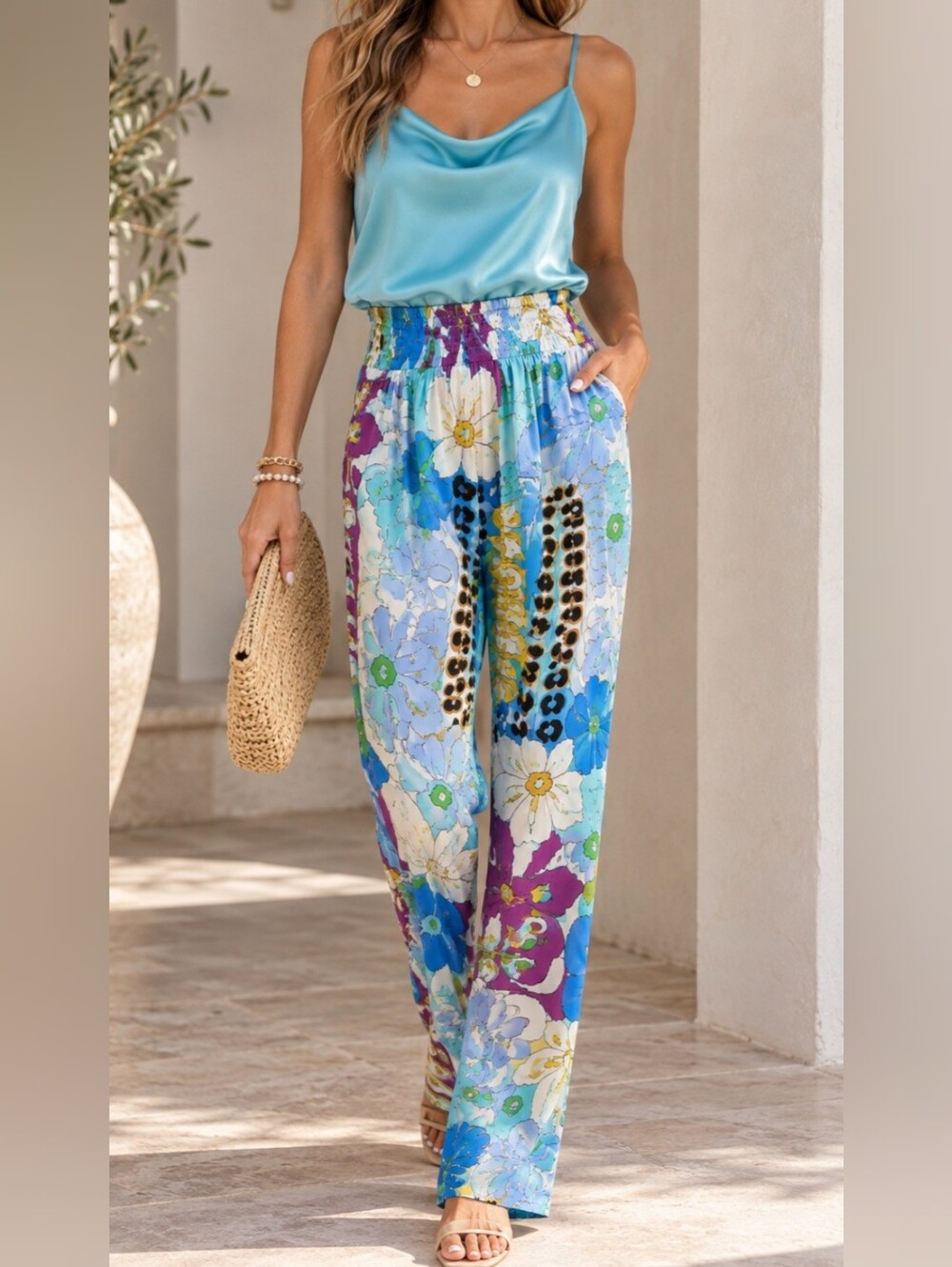 Floral Wide-Leg Smocked Waist Pants - Blue Multi